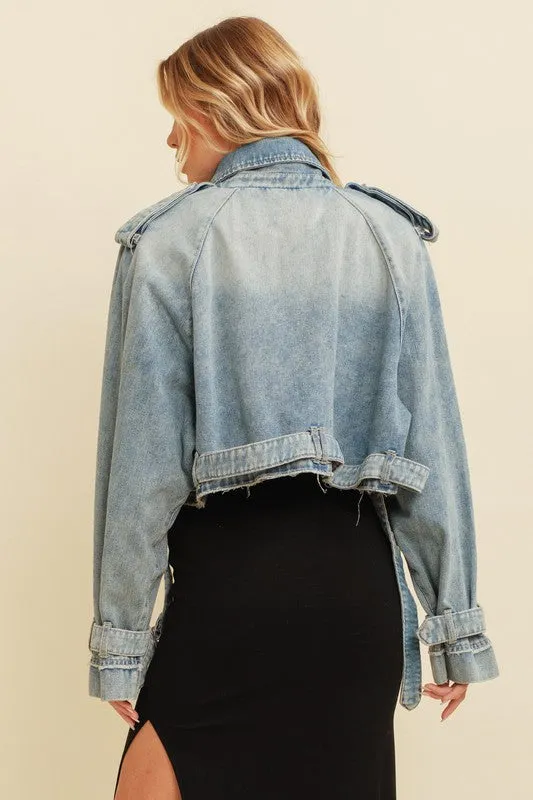 Denim Wash Cropped Denim Buckled Jacket