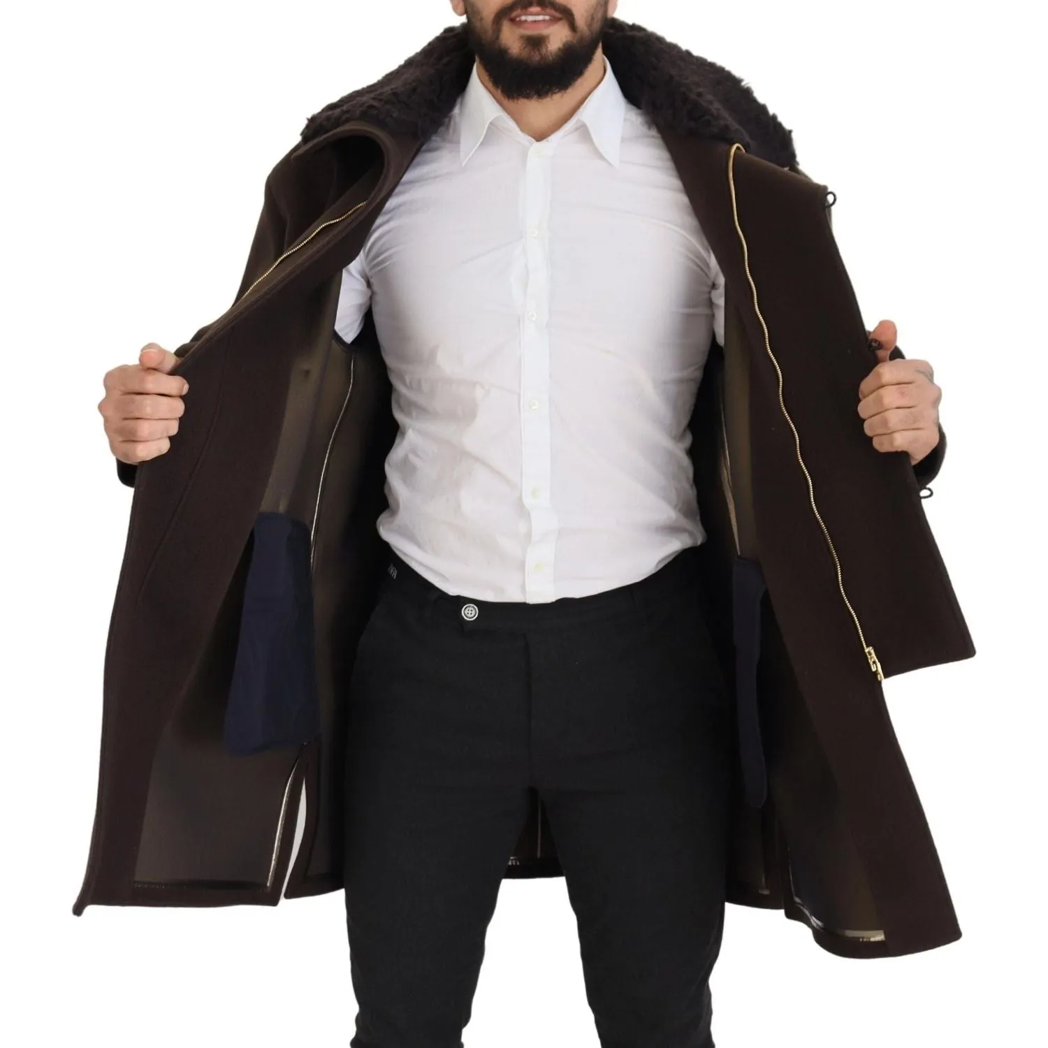 Dolce & Gabbana Elegant Dark Brown Shearling Coat Jacket