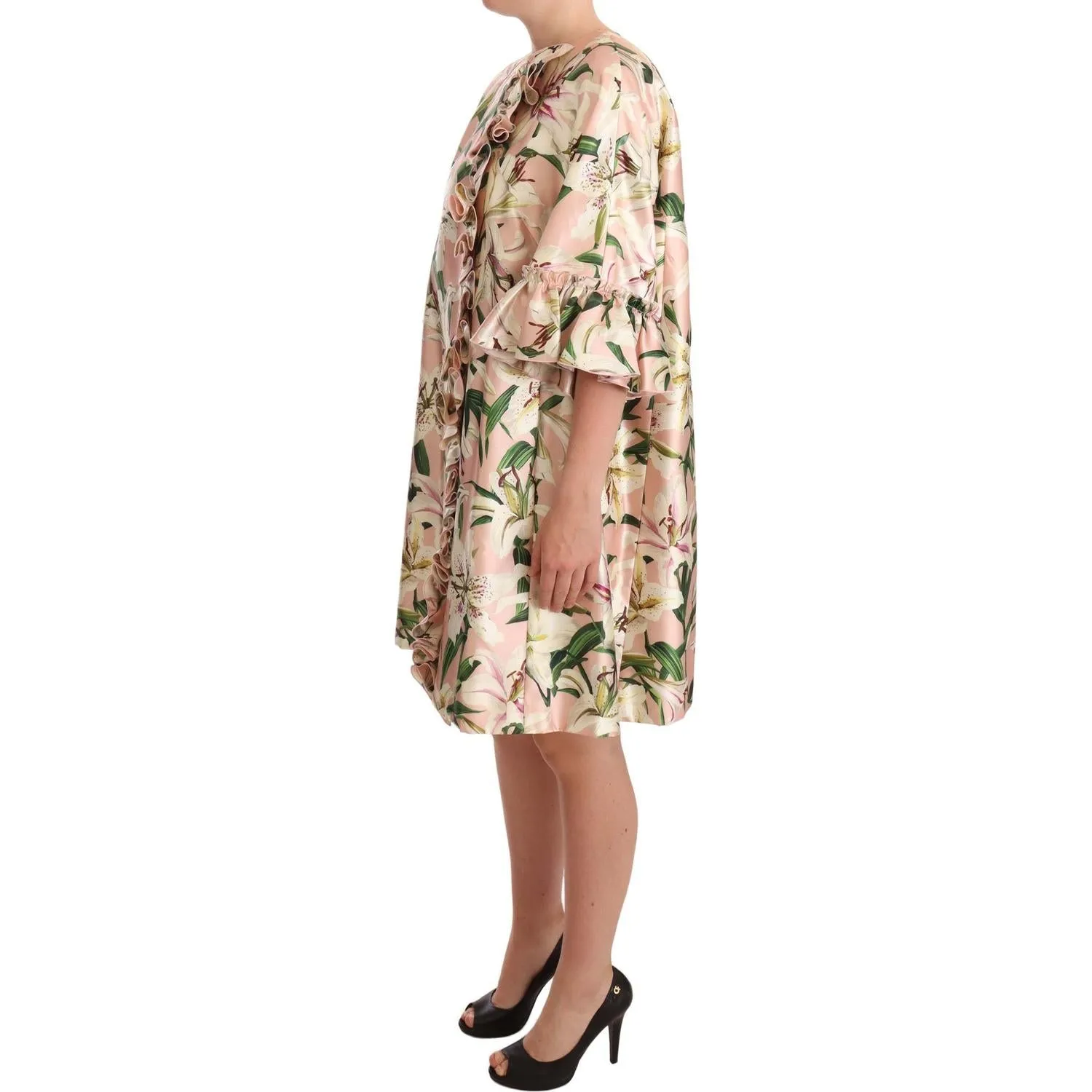 Dolce & Gabbana Elegant Floral Ruffled Silk Long Coat