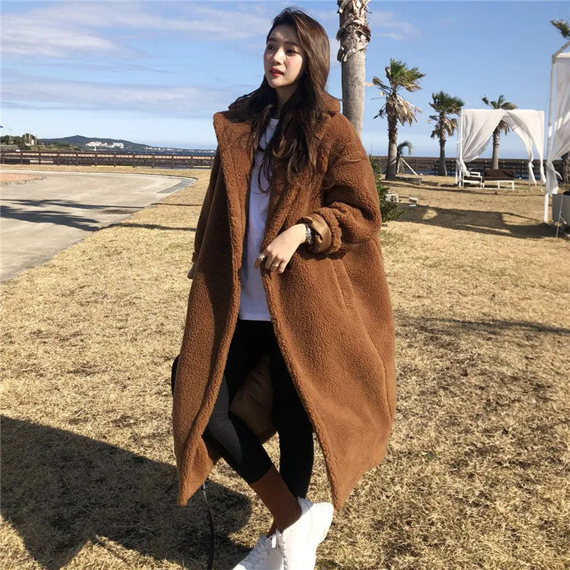 Fashionkova fall outfits women Autumn and Winter Large Lapel Lambswool Warm Coat Suit Collar Lambswool Long Trench Coat