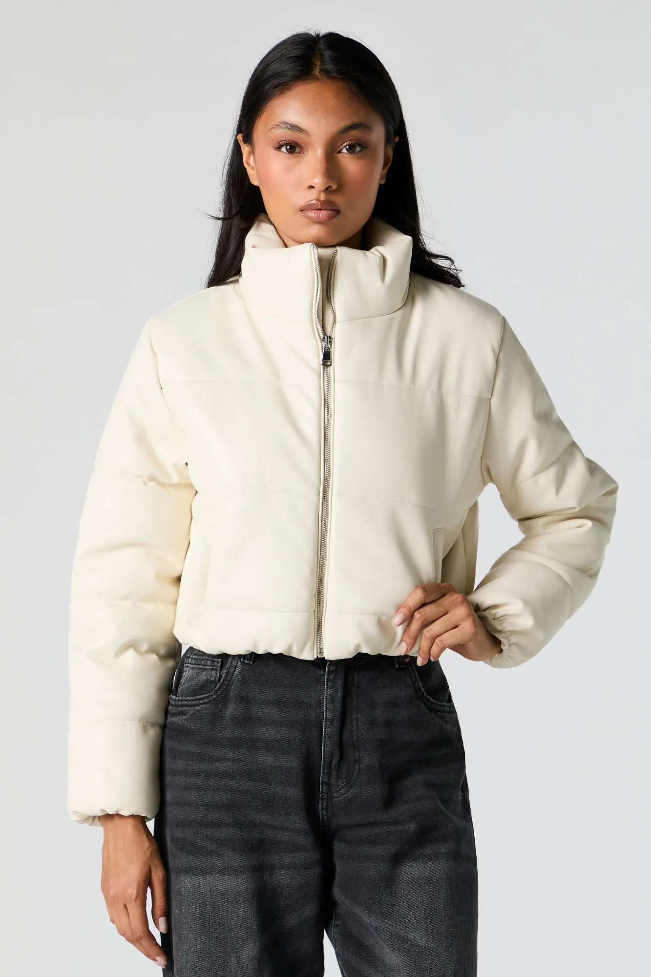 Faux Leather Cropped Puffer Jacket