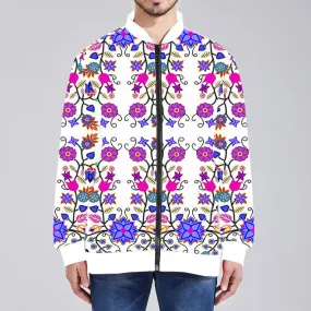 Floral Beadwork Seven Clans White Zippered Collared Lightweight Jacket