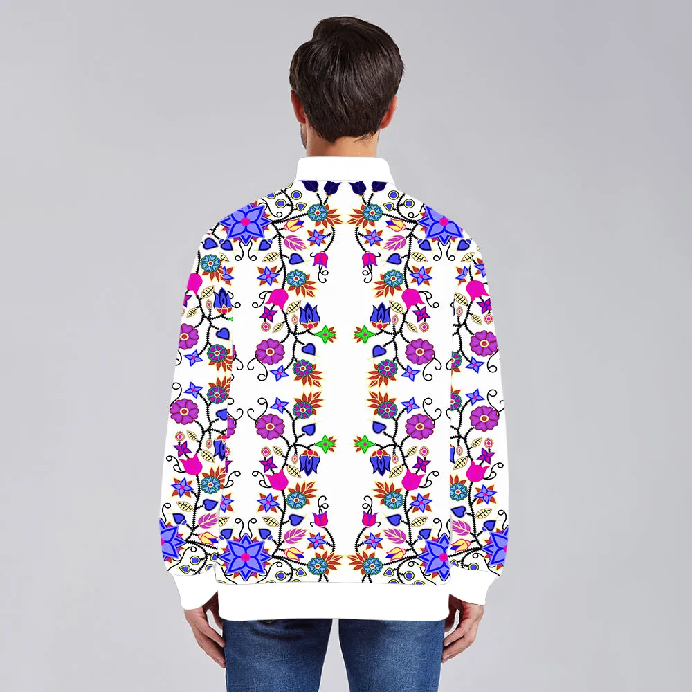 Floral Beadwork Seven Clans White Zippered Collared Lightweight Jacket