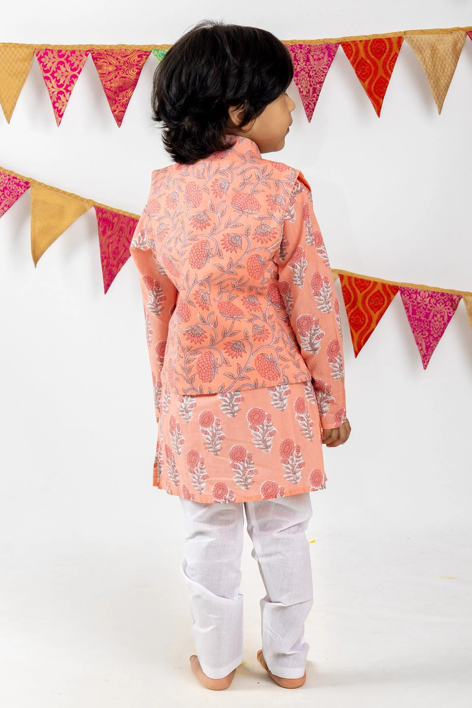 Floral Printed Pure Soft Cotton Orange Readymade Kurta For Boys