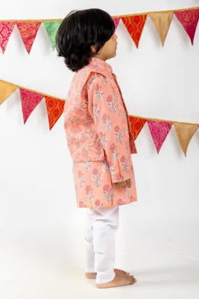 Floral Printed Pure Soft Cotton Orange Readymade Kurta For Boys