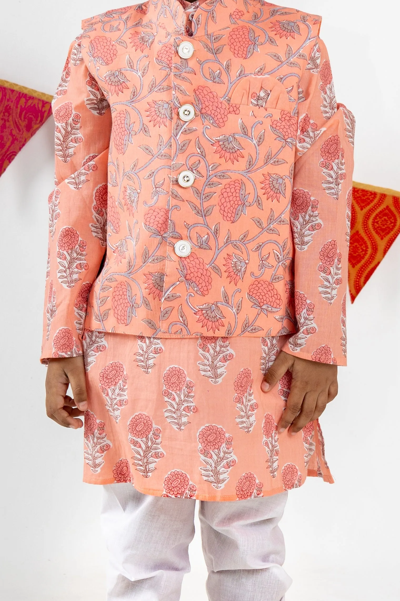 Floral Printed Pure Soft Cotton Orange Readymade Kurta For Boys