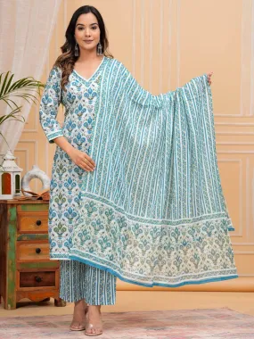 Floral Printed Regular Pure Cotton Straight Kurta With Trousers & With Dupatta