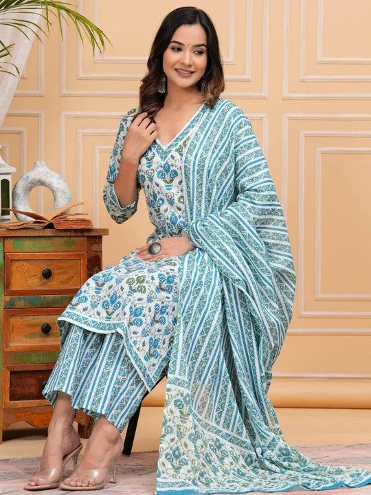 Floral Printed Regular Pure Cotton Straight Kurta With Trousers & With Dupatta