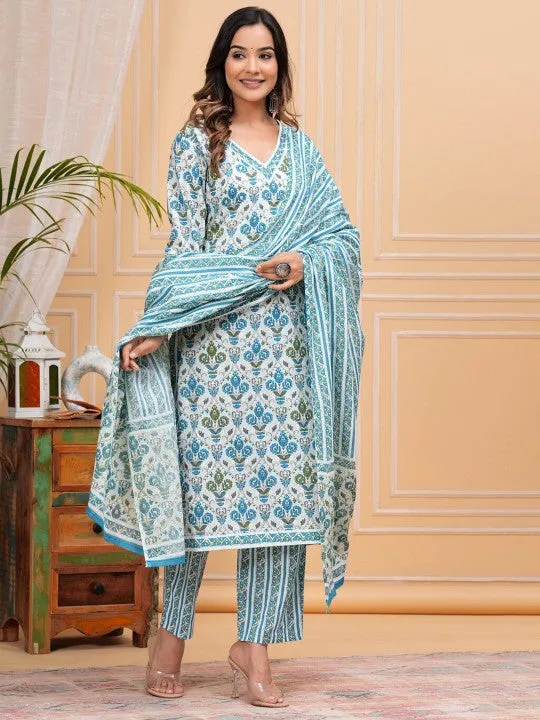 Floral Printed Regular Pure Cotton Straight Kurta With Trousers & With Dupatta