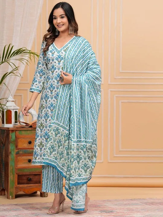 Floral Printed Regular Pure Cotton Straight Kurta With Trousers & With Dupatta