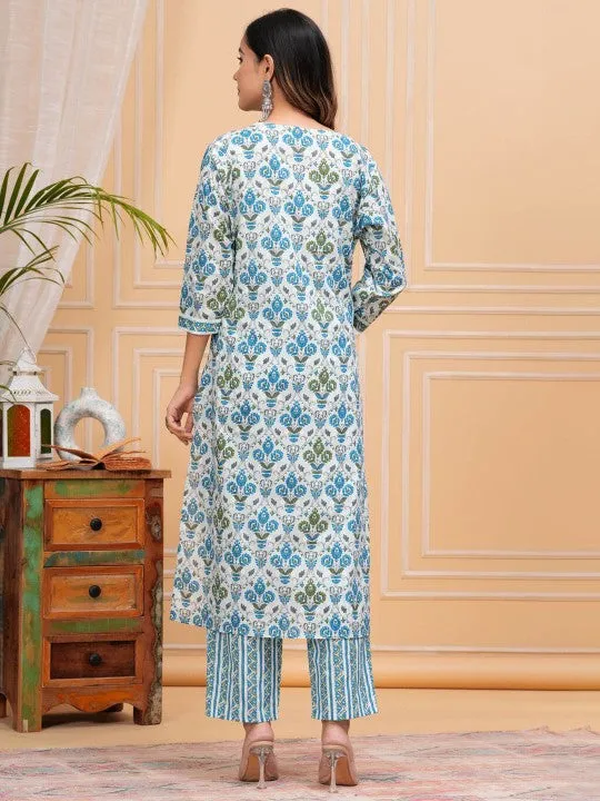 Floral Printed Regular Pure Cotton Straight Kurta With Trousers & With Dupatta