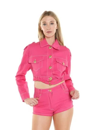 Fuchsia Cropped Denim Jacket & Shorts Set