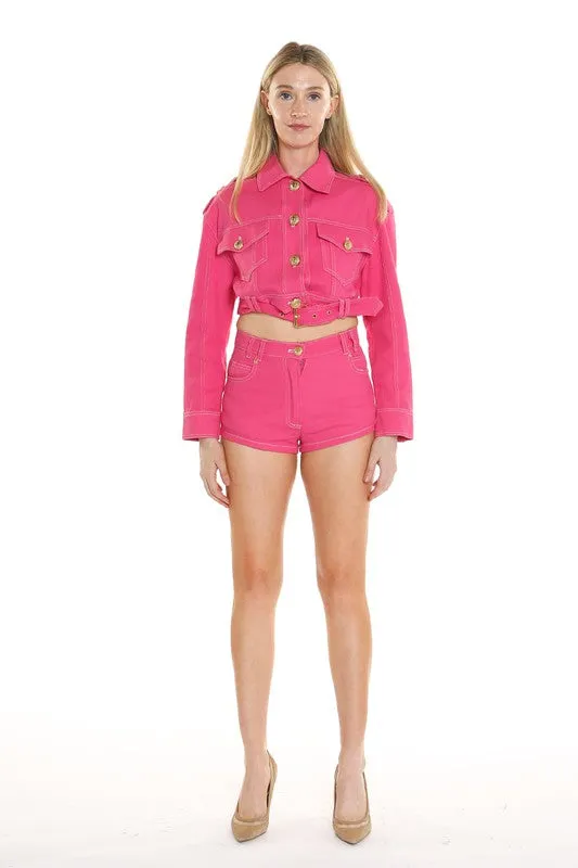 Fuchsia Cropped Denim Jacket & Shorts Set