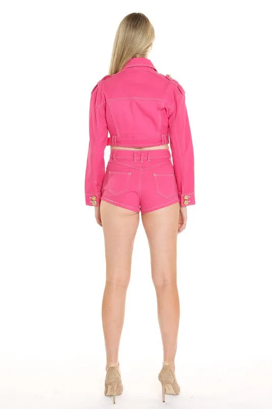 Fuchsia Cropped Denim Jacket & Shorts Set