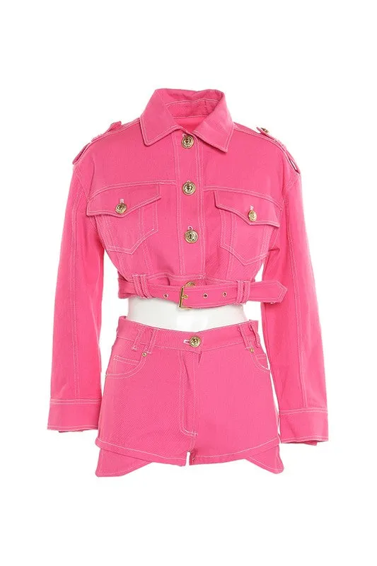 Fuchsia Cropped Denim Jacket & Shorts Set