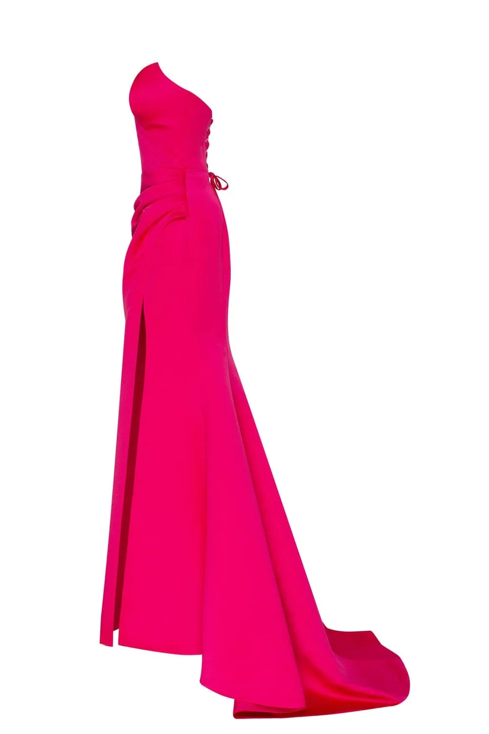 Fuchsia Strapless evening gown with thigh slit