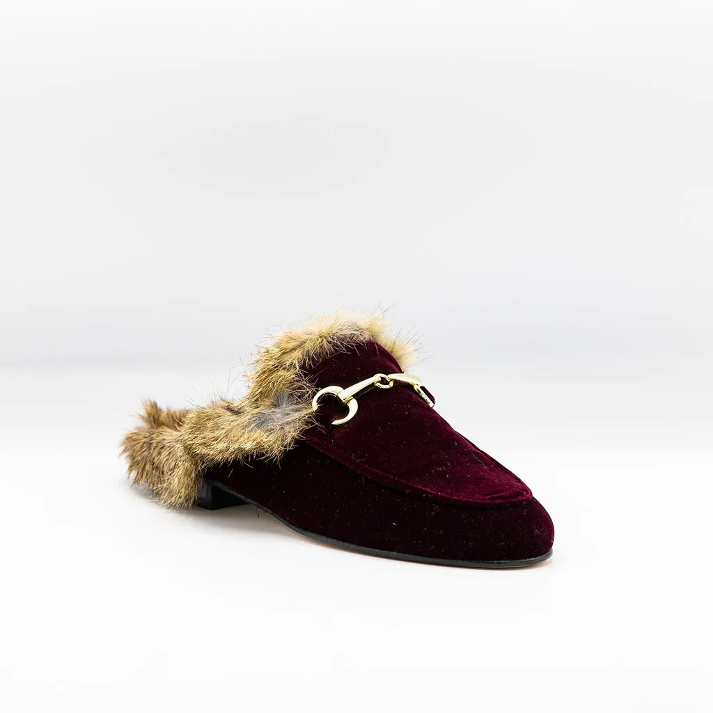 Fur-trimmed slip-in Loafer Burgundy Velvet