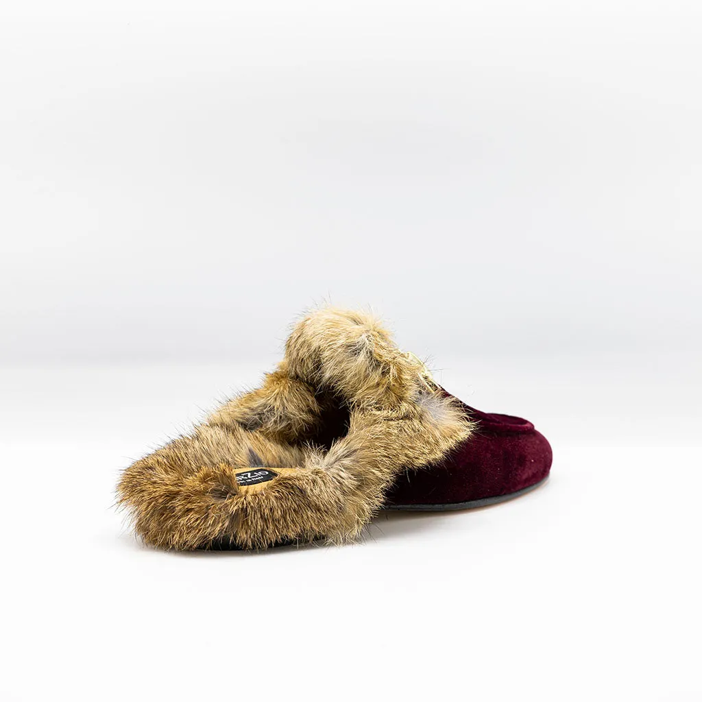 Fur-trimmed slip-in Loafer Burgundy Velvet