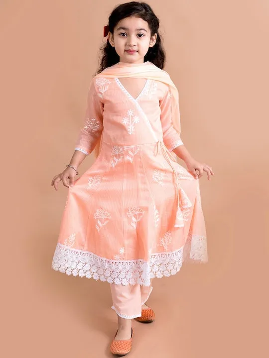 Girls Peach-Coloured Floral Printed Angrakha Pure Cotton Kurta With Trousers With Dupatta - Ps Peaches