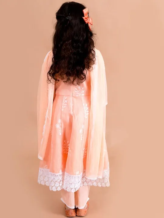 Girls Peach-Coloured Floral Printed Angrakha Pure Cotton Kurta With Trousers With Dupatta - Ps Peaches