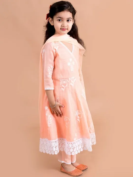 Girls Peach-Coloured Floral Printed Angrakha Pure Cotton Kurta With Trousers With Dupatta - Ps Peaches