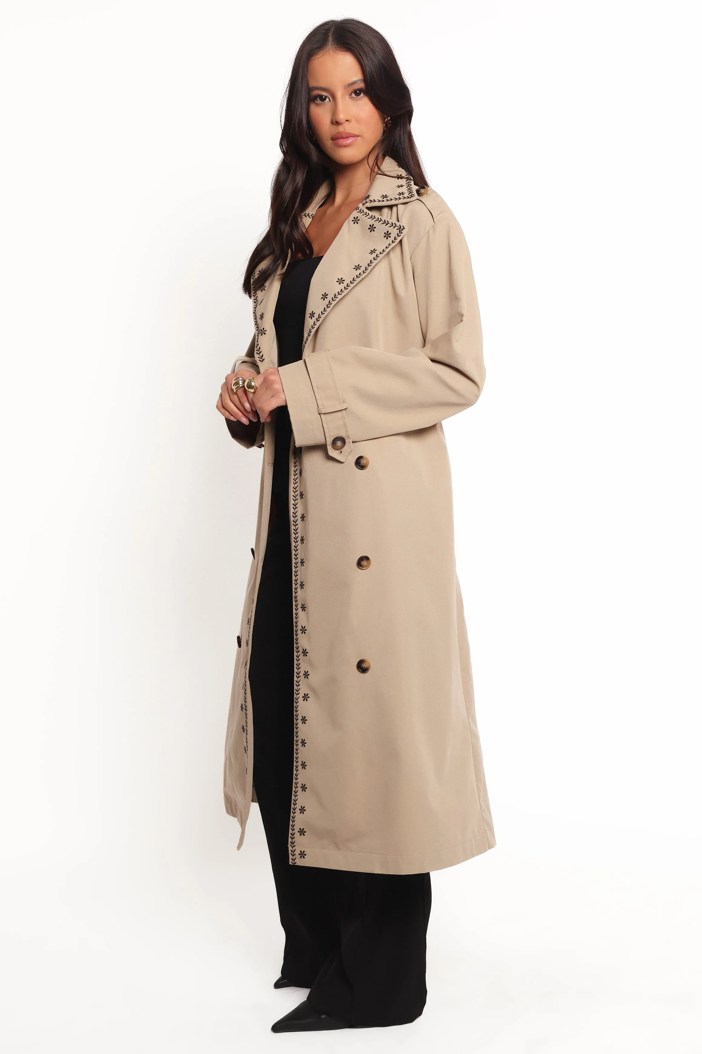 Grayson Embroidered Trim Trench Coat - Taupe