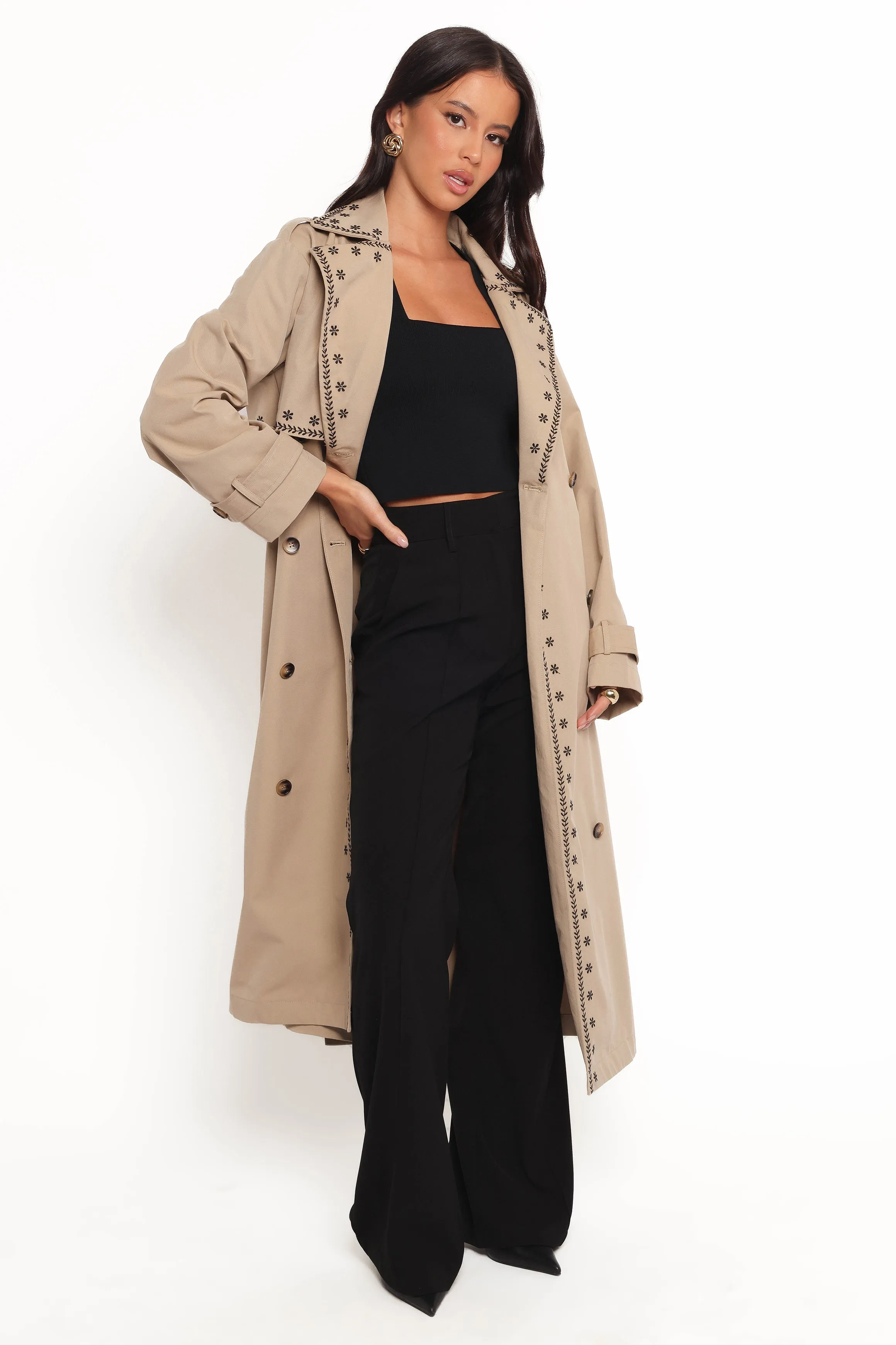 Grayson Embroidered Trim Trench Coat - Taupe