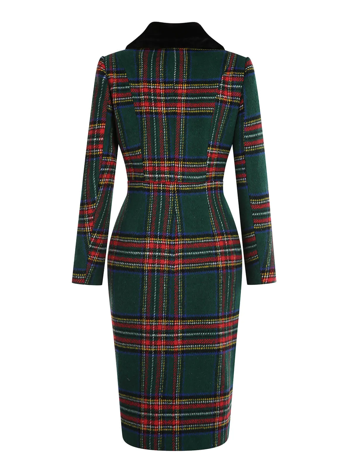 Green 1960s Plaid Fur Collar Pencil Coat