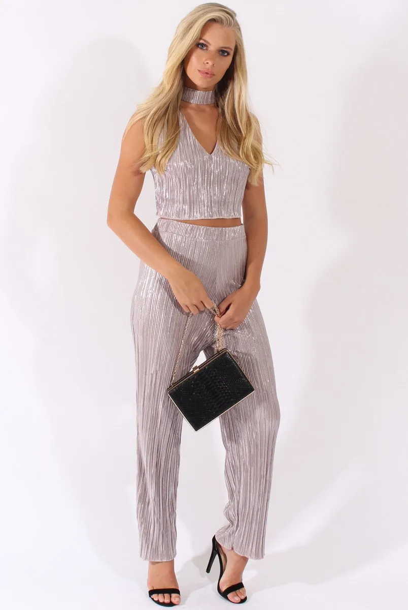 Grey Metallic Shimmer Pleated High Waisted Trousers - Phoebe