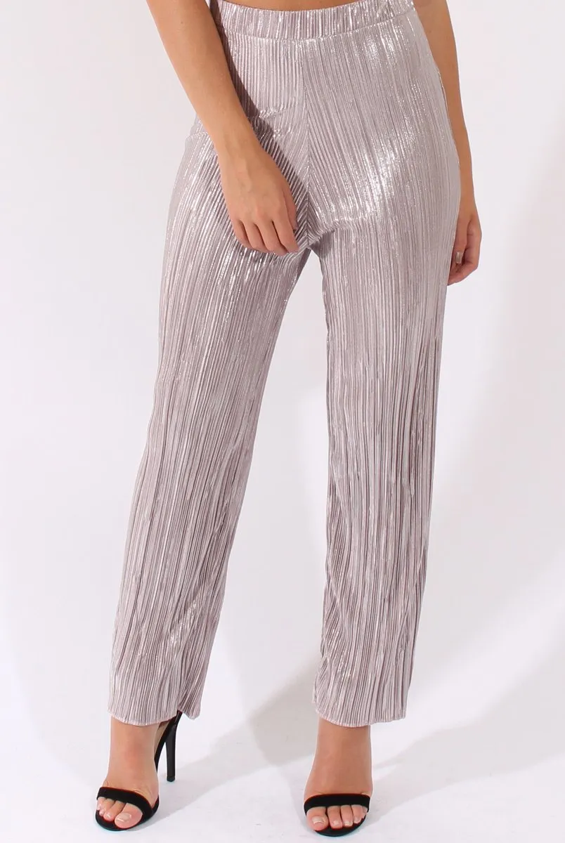 Grey Metallic Shimmer Pleated High Waisted Trousers - Phoebe