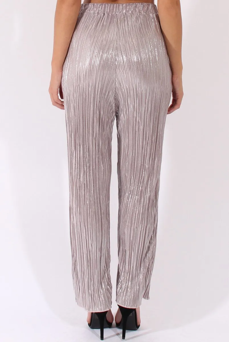 Grey Metallic Shimmer Pleated High Waisted Trousers - Phoebe