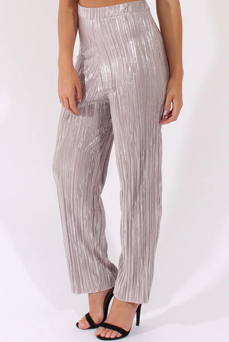 Grey Metallic Shimmer Pleated High Waisted Trousers - Phoebe