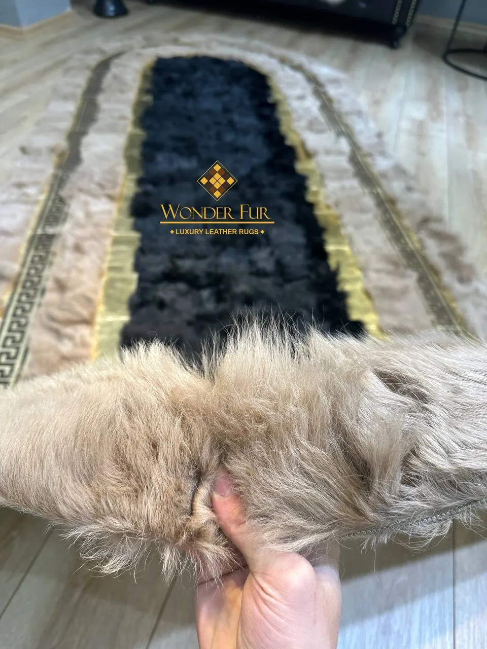 Handmade Natural Brown Sheepskin Wool Runner Rug , Fluffy Non Slip Rug