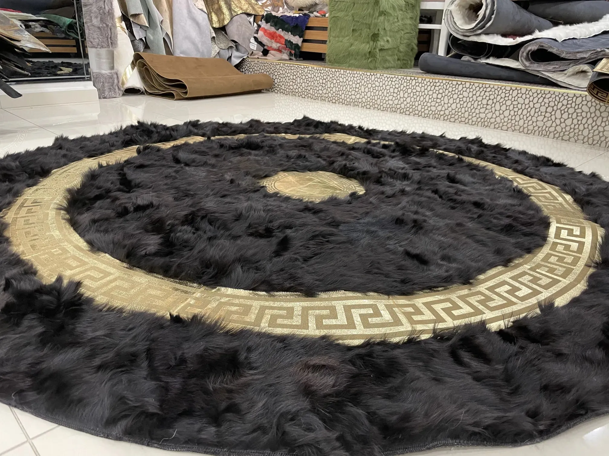 Handmade Patchwork Black And Gold Natural Sheepskin Non Slip Round Rug