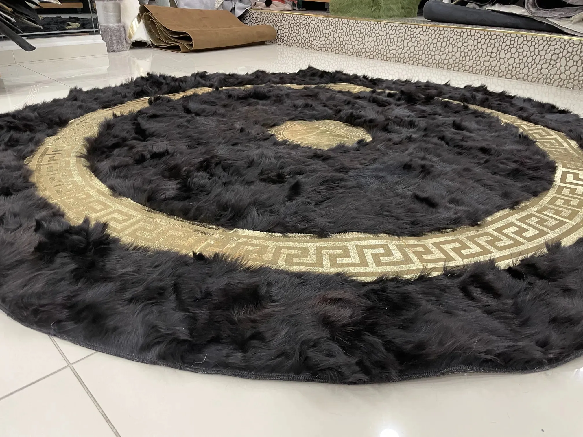 Handmade Patchwork Black And Gold Natural Sheepskin Non Slip Round Rug