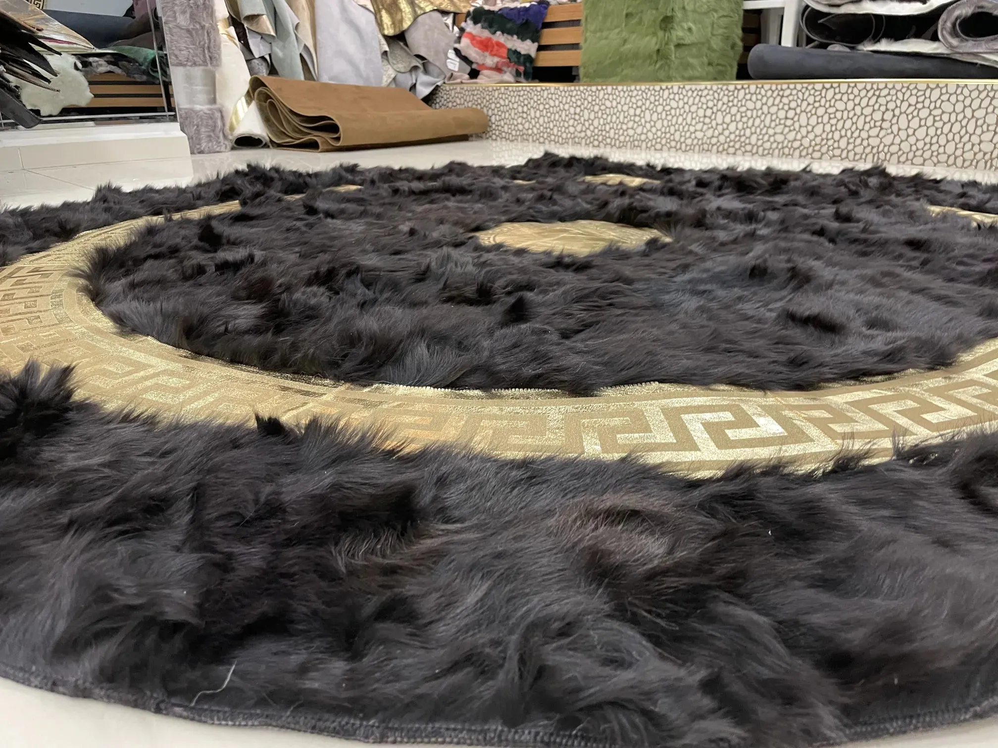 Handmade Patchwork Black And Gold Natural Sheepskin Non Slip Round Rug