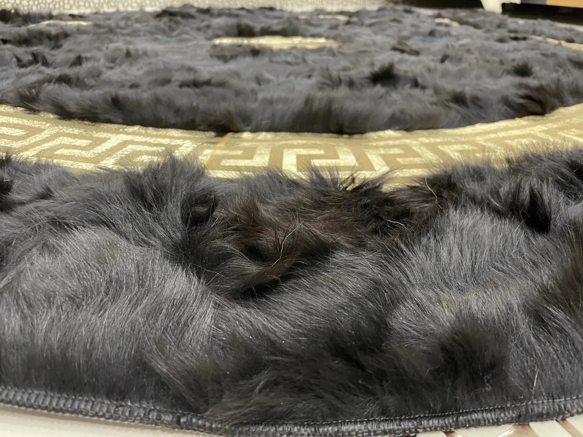 Handmade Patchwork Black And Gold Natural Sheepskin Non Slip Round Rug