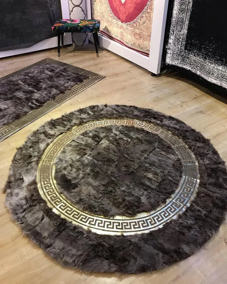 Handmade Soft Fluffy Gray Gold Original Sheepskin Non Slip Round Rug