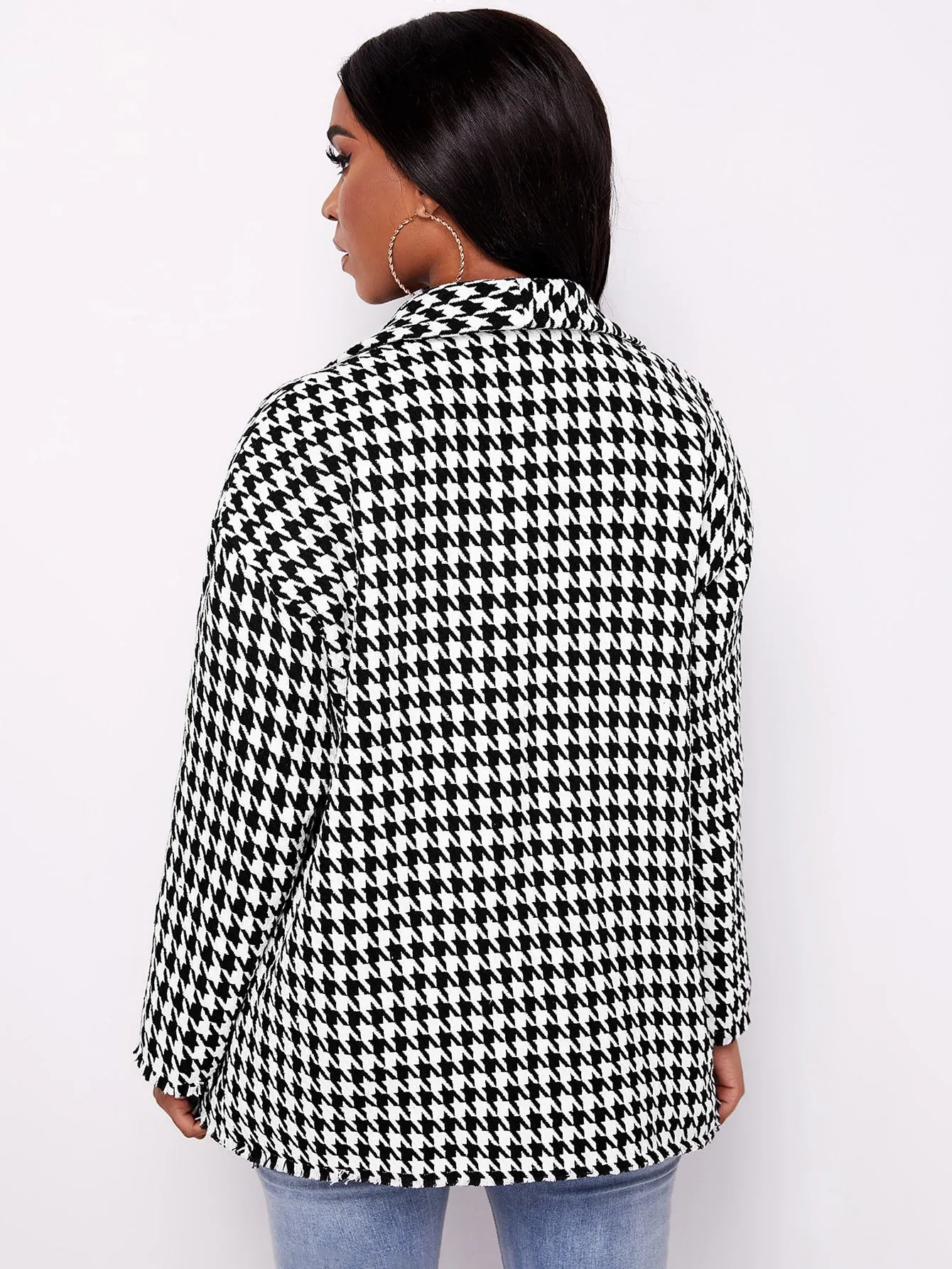 Houndstooth Double Button Long Sleeve Shawl Collar Short Women Overcoat