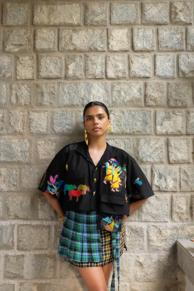 Kantha Patchwork Cropped Jacket in Black