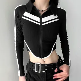 Korean Fashion Stripe Spliced Skinny Women Jacket Zip Up Coat Bodycon Slim Casual Sporty Chic Outwear Shirts Cropped