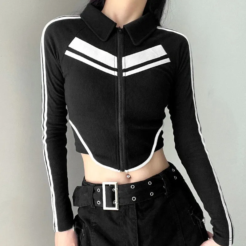 Korean Fashion Stripe Spliced Skinny Women Jacket Zip Up Coat Bodycon Slim Casual Sporty Chic Outwear Shirts Cropped