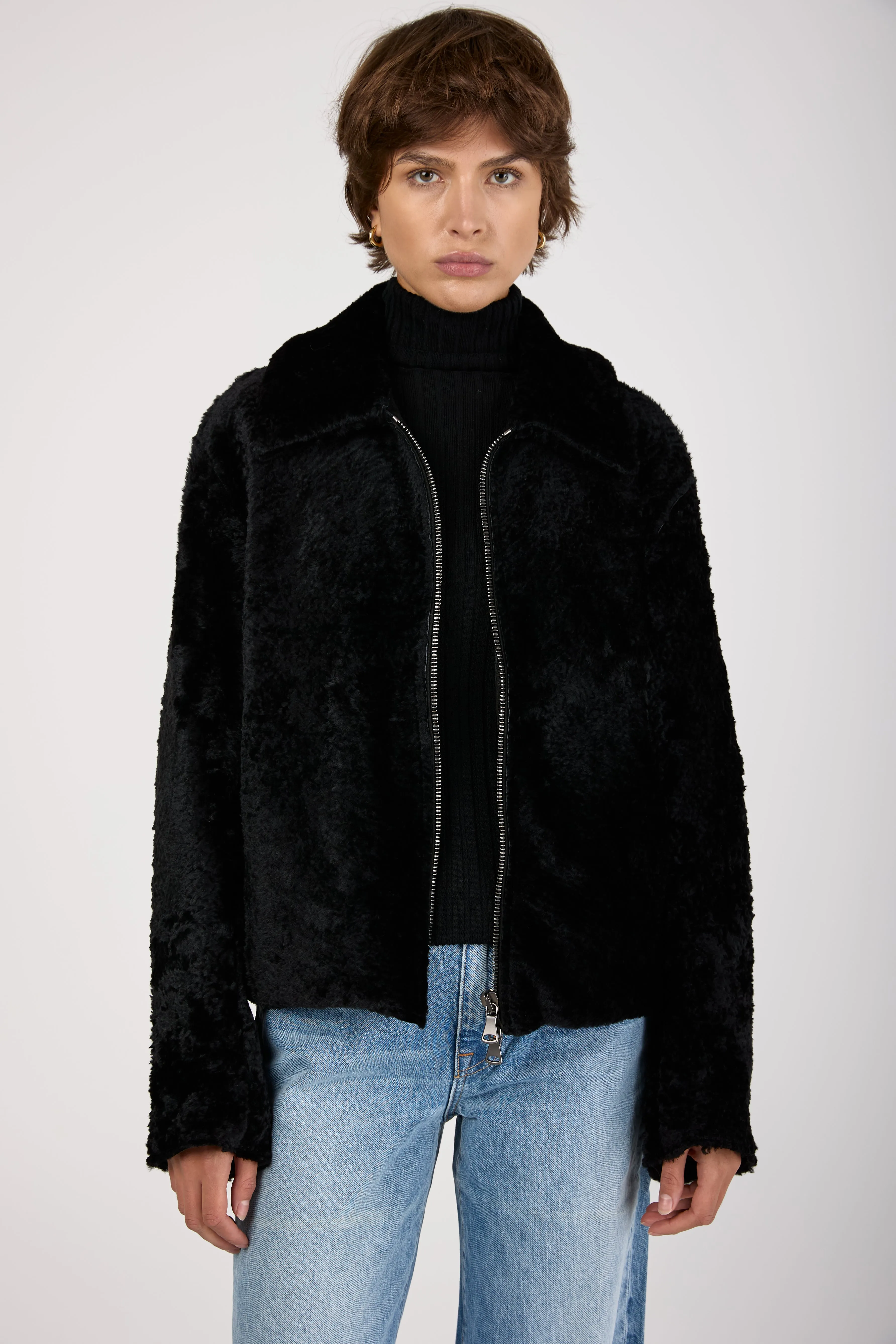 Lamb Shearling Leather Jacket in Black