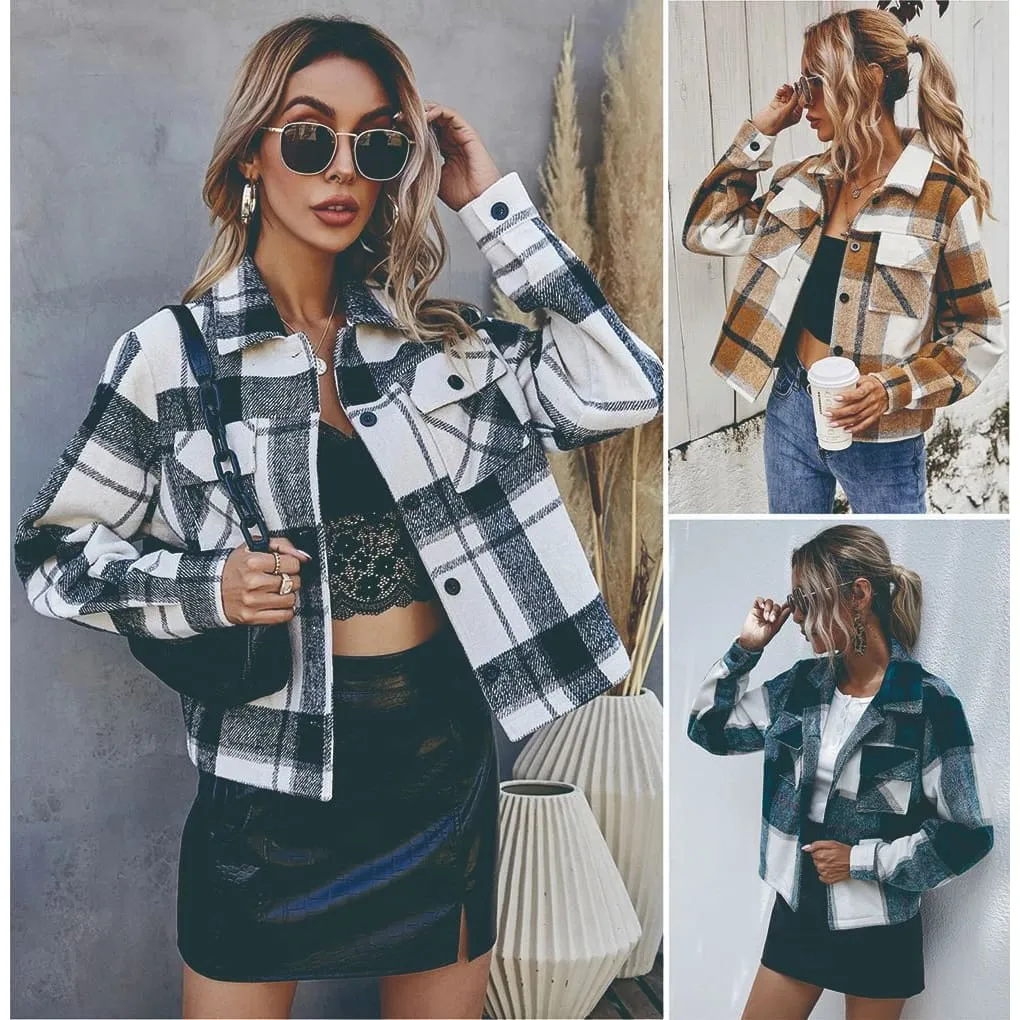 Lapel Collar Plaid Print Flap Pocket Wool-Mix Crop Jacket