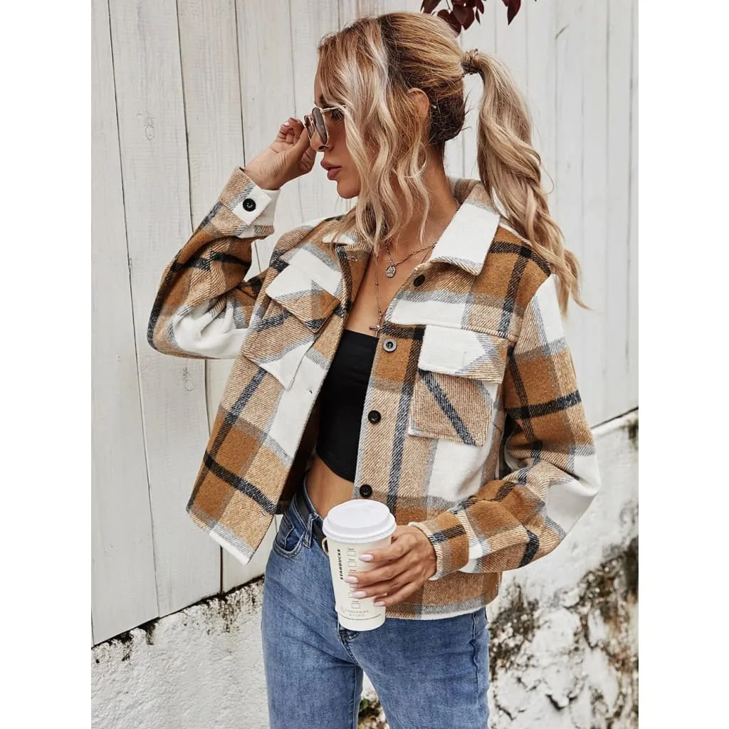 Lapel Collar Plaid Print Flap Pocket Wool-Mix Crop Jacket