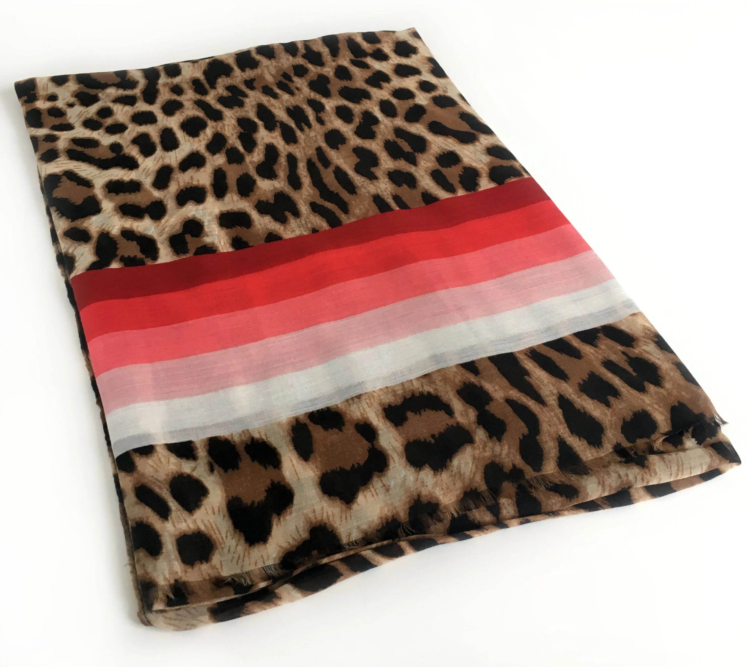 LARGE LEOPARD PRINT SHAWL SCARF WITH RED STRIPES