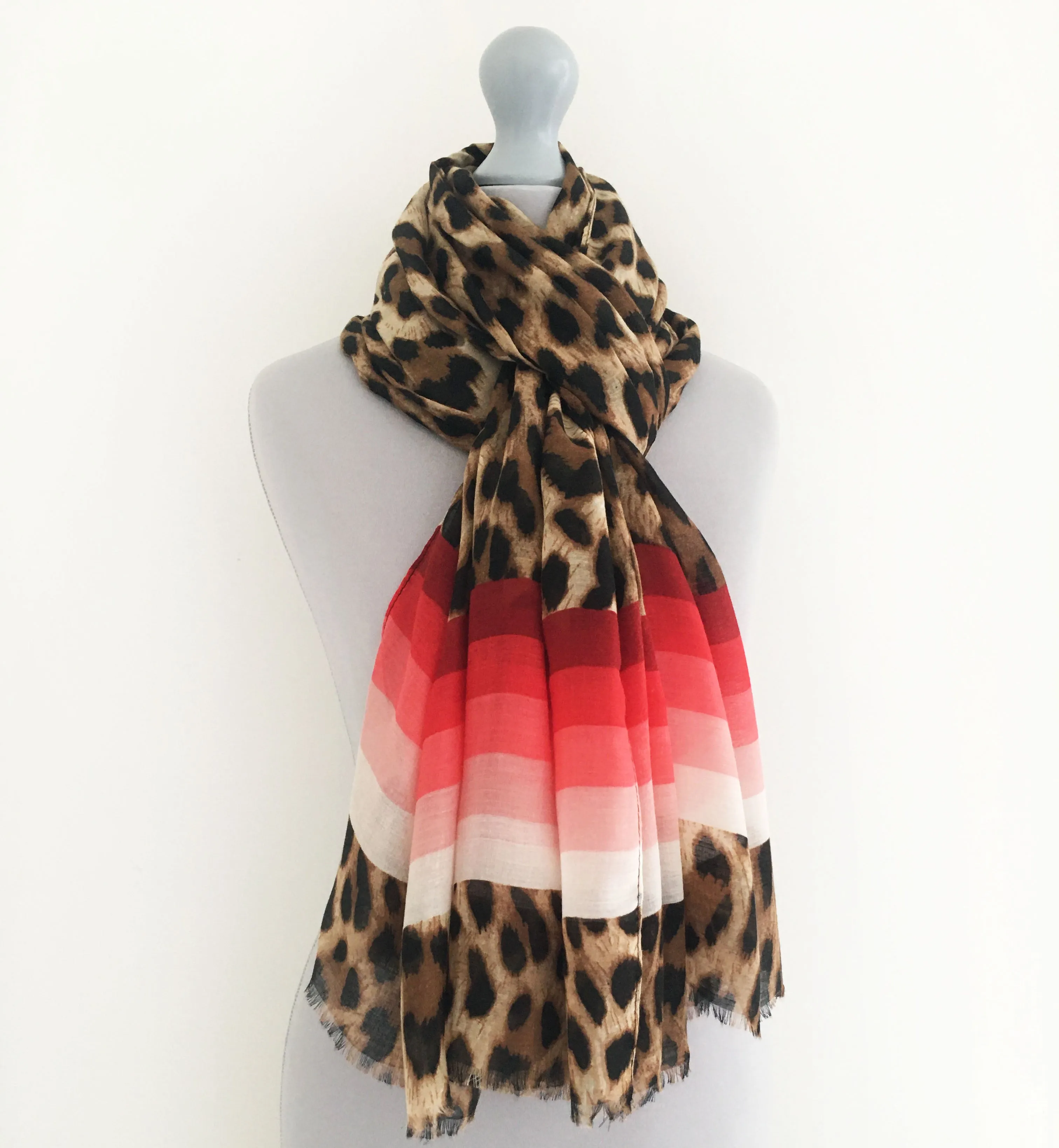 LARGE LEOPARD PRINT SHAWL SCARF WITH RED STRIPES