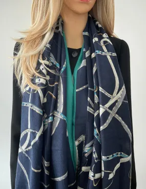 LARGE NAVY BLUE CONTEMPORARY BUCKLE PRINT PASHMINA SHAWL SCARF