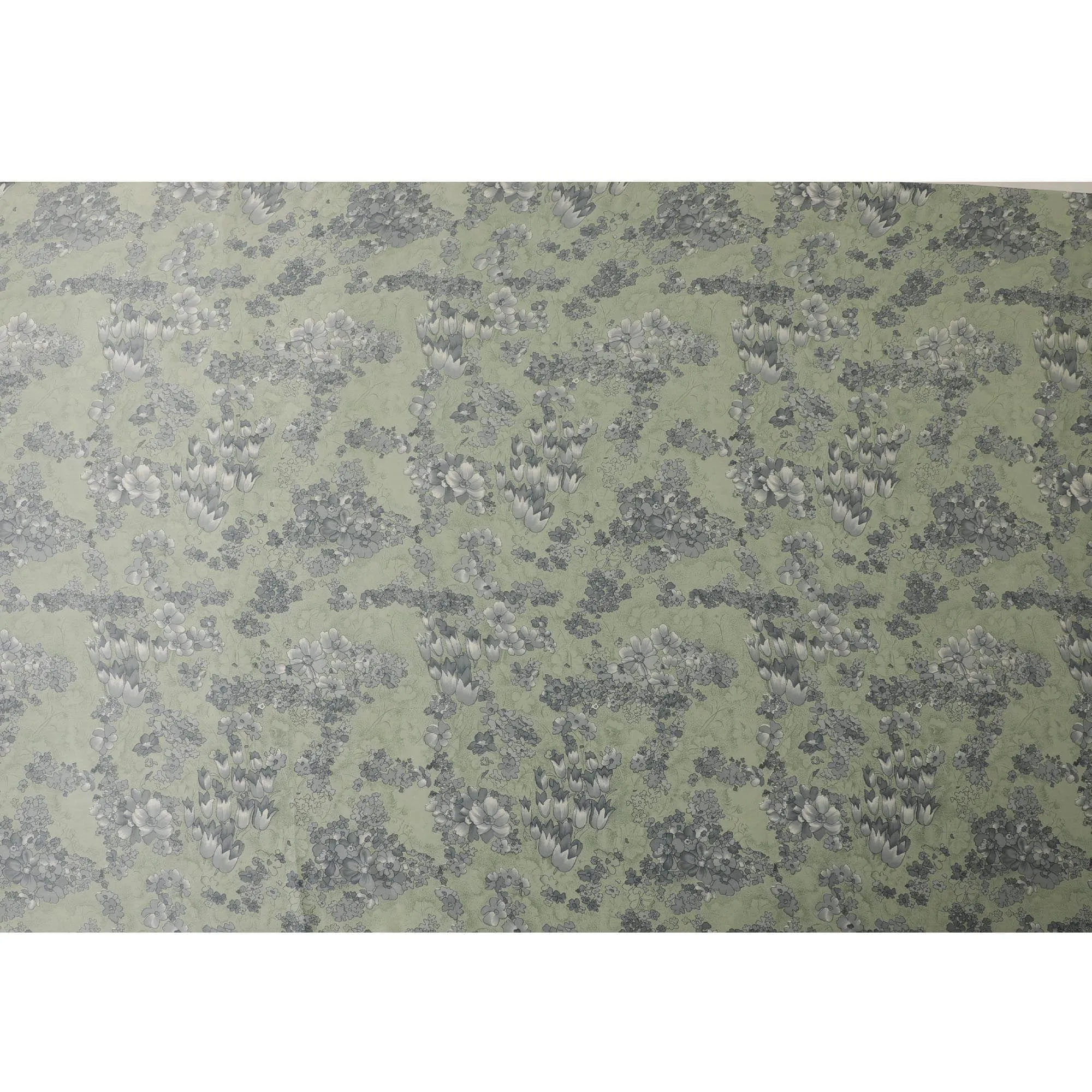 Laurel green silk satin fabric with smoke grey and black print in floral design