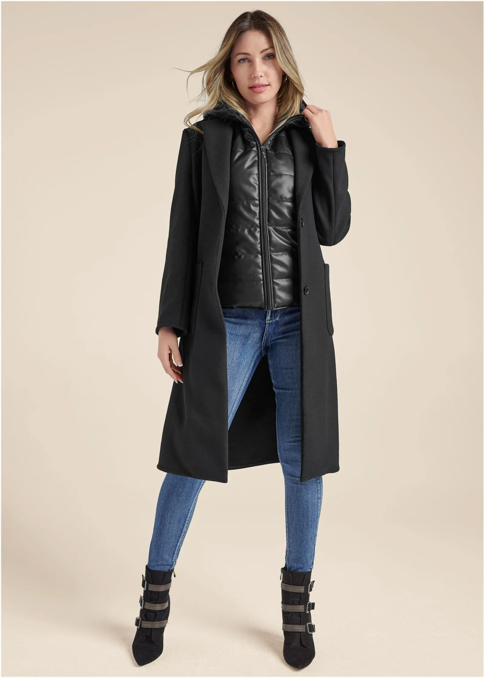 Layered Coat And Vest Set - Black